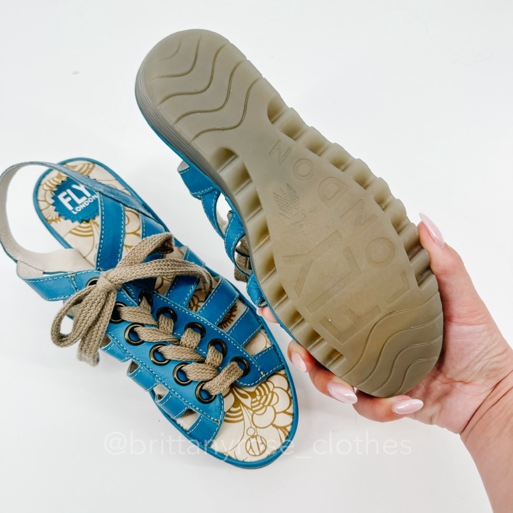 Fly London Blue and Tan Wedge Sandals - Picture 7 of 7